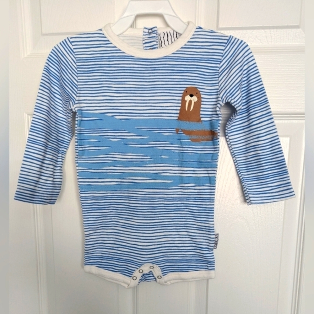 Blue Striped Baby (12-18 Months) Long-Sleeve Onesie w/Snaps and Walrus Design